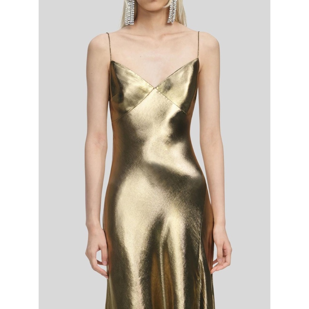 Gold Metallic Strappy Maxi Dress Side Split Evening Gown Size US 6 - Picture 12 of 12